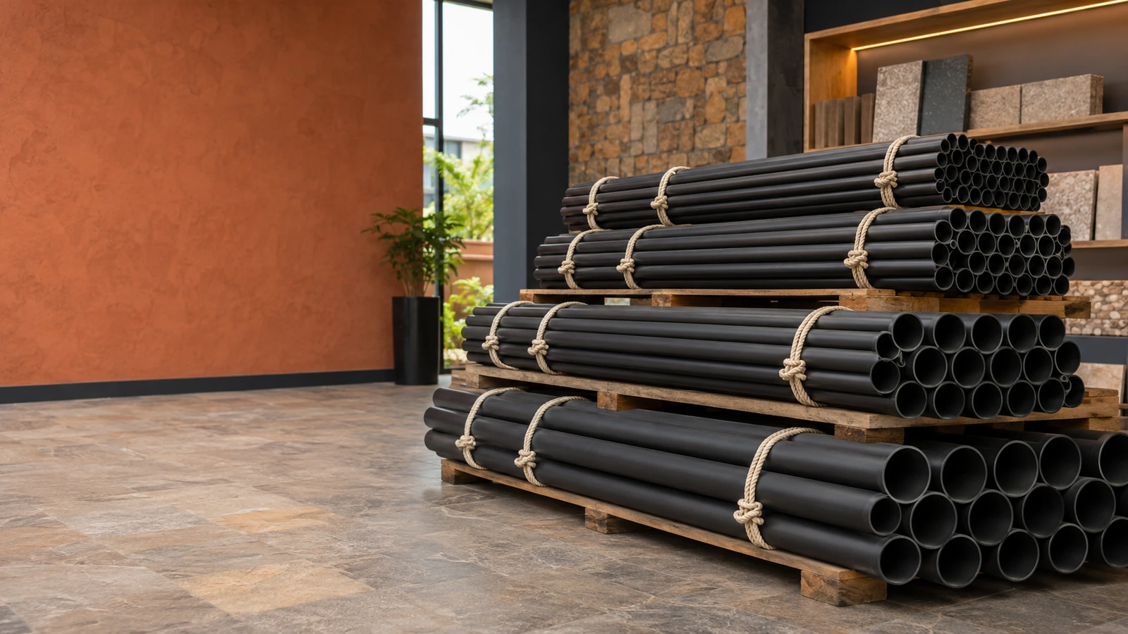 Bundled HDPE pipes prepared for storage