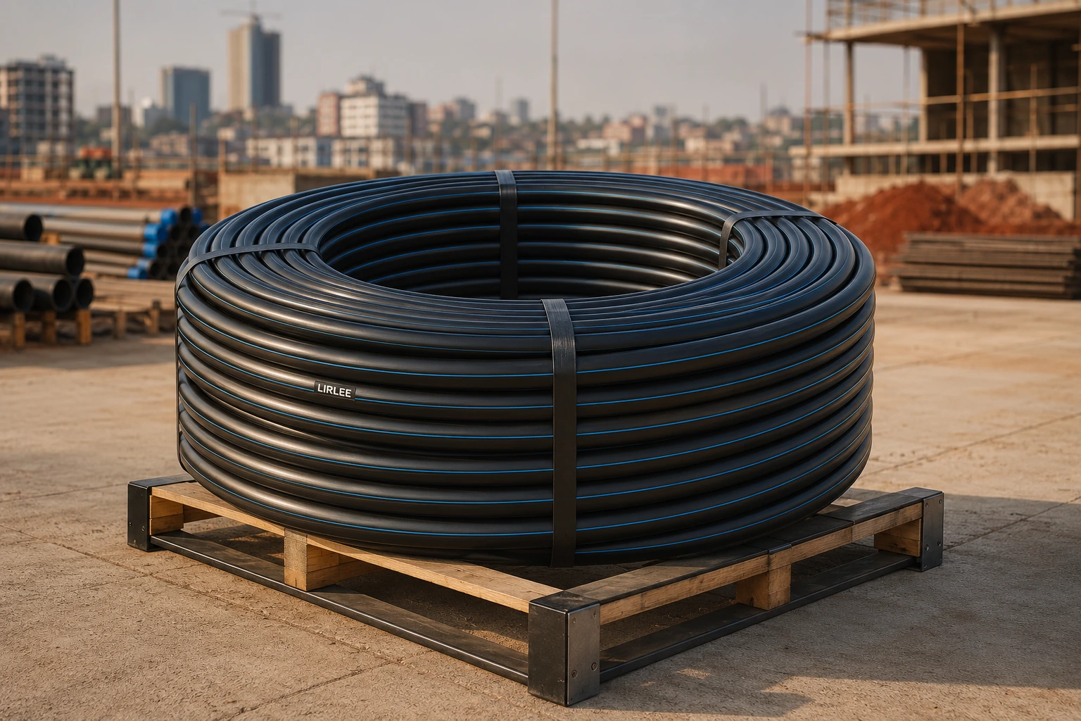 Pipe products organised in a project supply yard