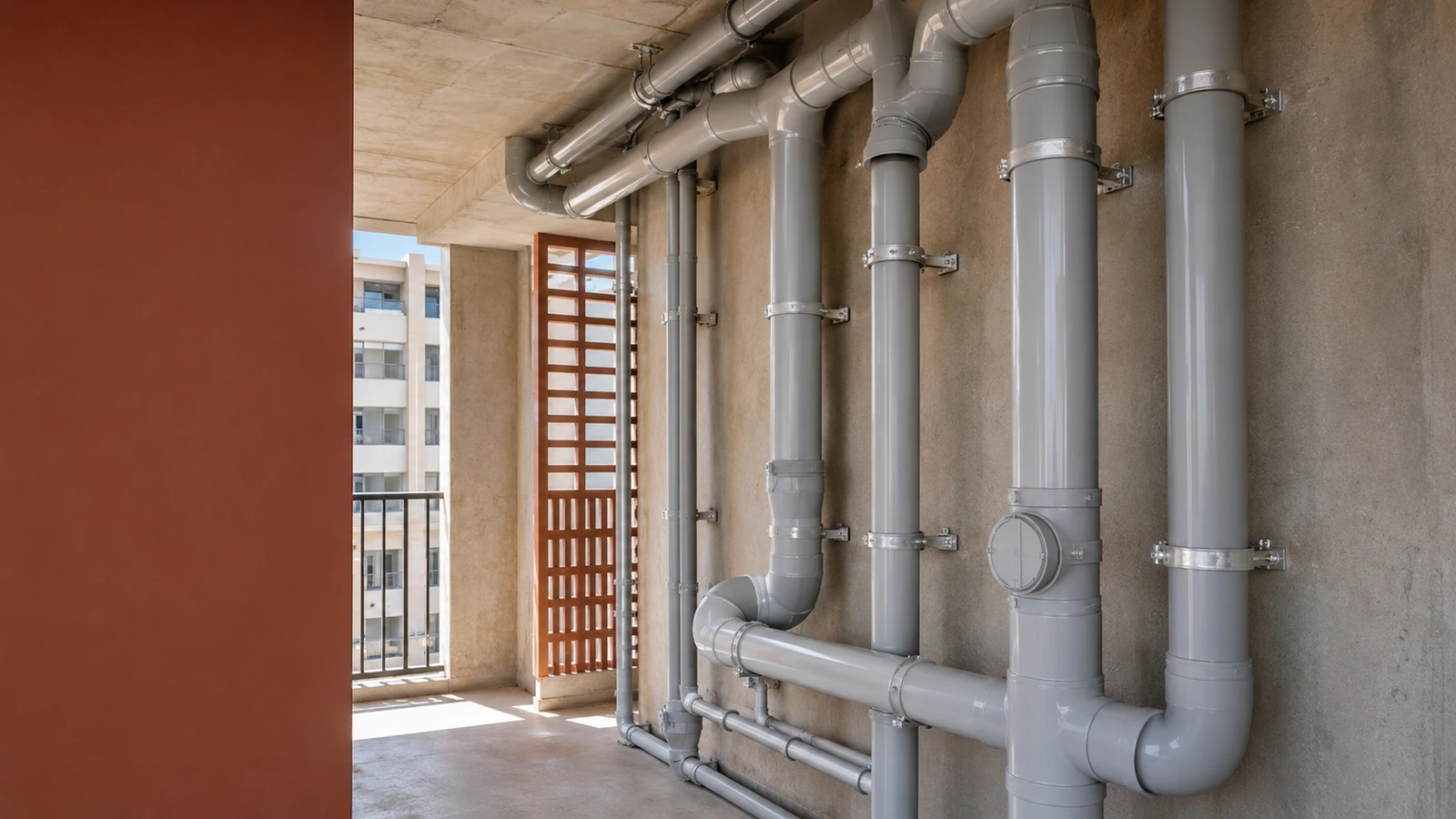 Installed PVC waste pipework in a building