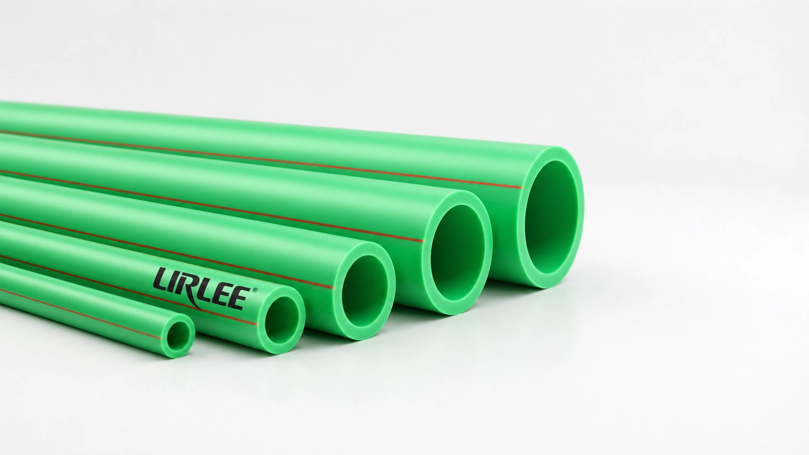 Green PP-R straight pipes in listed metric sizes